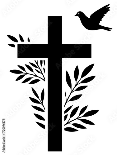 Memorial Christian cross with olive branches and dove, symbol of eternal life, peace of soul and Holy Spirit