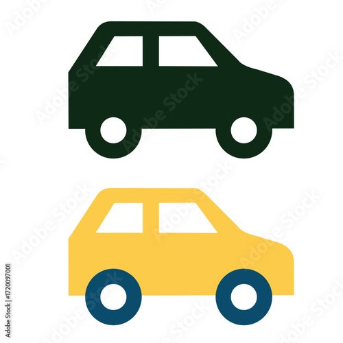Two cars, one dark green and one yellow, are stacked on top of each other isolated on white background