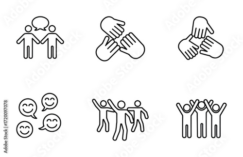 Social Interaction and Emotional Connection Line Icons – Smiles, Hugs, Celebrations, and Community Bonds