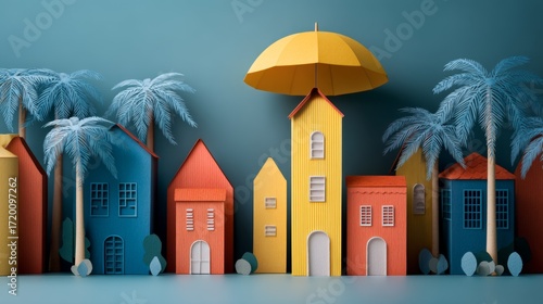 Vibrant Paper Cut Houses with Umbrella and Palms Against a Calm Background