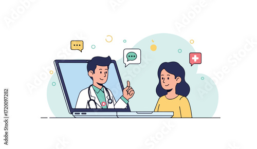 Online doctor consultation:  A female patient receives virtual medical advice from a doctor via laptop video call.