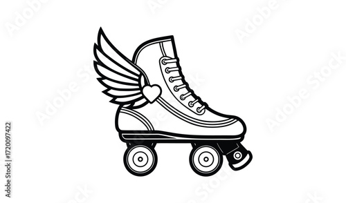 Retro roller skate with wings and heart illustration