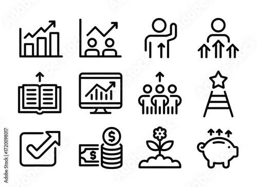 Business and Growth Line Icons Set for Finance, Leadership, and Success