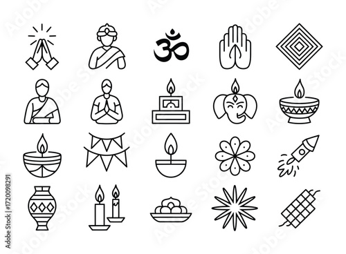 Diwali and Festival Line Icons Set for Celebration, Culture, and Tradition