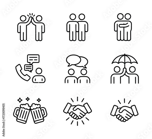 Friendship and Social Line Icons Set for Unity, Care, and Relationships