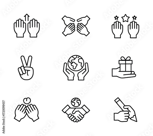 Helping and Global Line Icons Set for Care, Support, and Peace