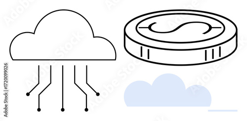 Cloud interconnected with thin lines, digital coin with dollar sign, and minimal cloud graphic. Ideal for finance, technology, data storage, digital economy, online services, cryptocurrency simple
