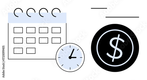 Clock, calendar, and dollar coin illustrate scheduling, time optimization, and financial planning. Ideal for finance, productivity, budgets, savings deadlines business strategy simple flat