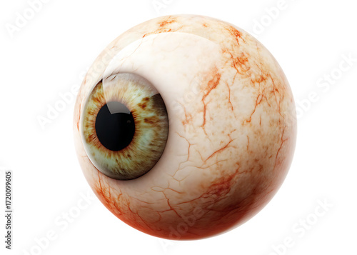 Realistic human eyeball with brown iris and veins isolated on a transparent background