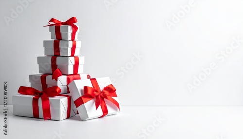 Stacked gift boxes with red ribbons on white background create festive and elegant atmosphere