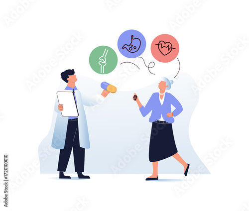 Aging and senior health isolated cartoon vector illustrations. Elderly woman consults with a doctor, taking care