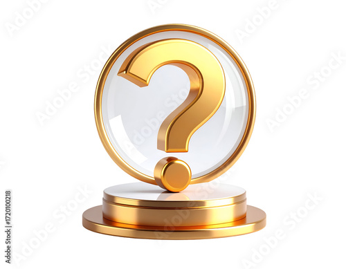 A shiny golden question mark symbol on a sleek circular base, representing curiosity and inquiry in design.