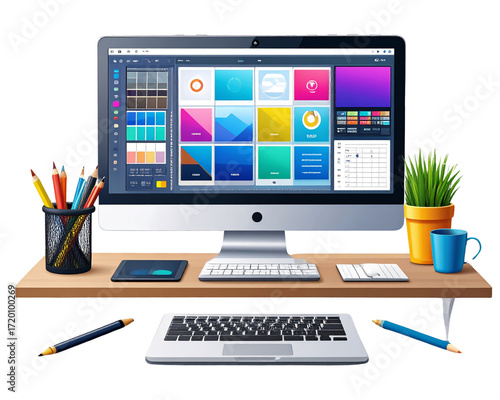 A vector illustration of a graphic designer’s workspace showing a laptop, desktop mong