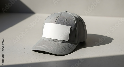Grey Baseball Cap with Blank White Label on Minimalist Surface