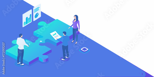 Business people assembling puzzle pieces and analyzing data