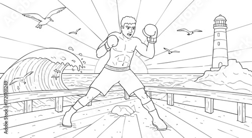 Boxer Training at Seaside Lighthouse, Waves, and Birds - A Coastal Workout Scene