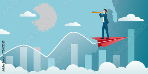 Businessman on Paper Airplane Observing Bar Chart and Line Graph