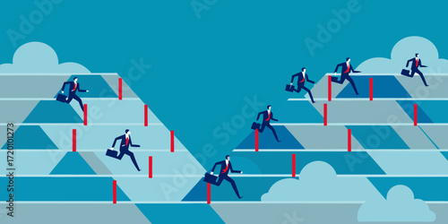 Businessmen Hurdles Race on Geometric Steps competition