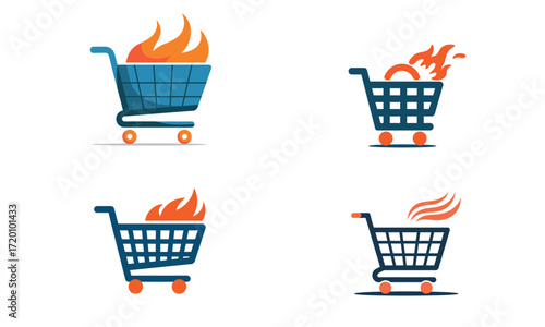 Shopping cart icon with fire flame symbol for hot sale promotion 

