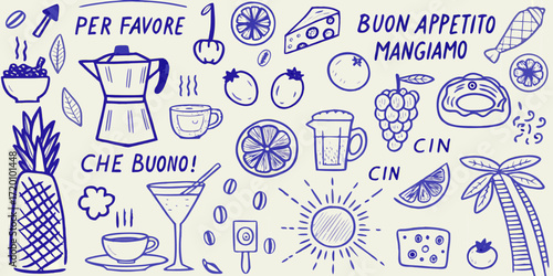 Italian Food and Drink Doodle Pattern Keywords: coffee pot, coffee cup, espresso cup, martini