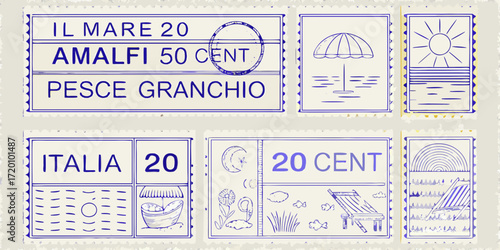 Italian Seaside Themed Stamp Designs Keywords: stamp, postage stamp, vintage stamp, Italian