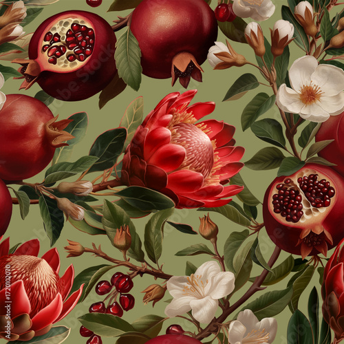 Seamless vector pattern with pomegranate branches and protea flowers isolated on a changeable background. Vintage painting style illustration.
