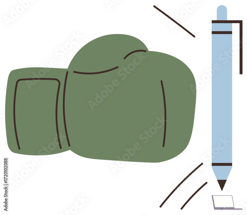 Oversized green boxing glove confronts stylus pen near small laptop, visualizing tension between force and precision. Ideal for creativity, conflict, competition, innovation, digital design