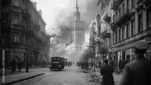 Warsaw street view shows smoke and destruction during a historical event capturing the impact of conflict in the city