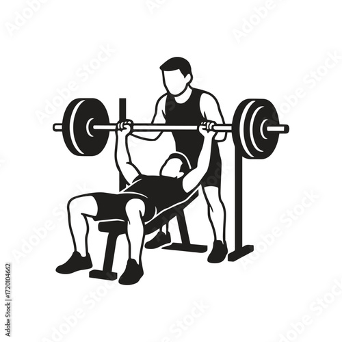 simple black and white vector illustration of Man performing heavy bench press exercise with a barbell weight plates assisted by a spotter
