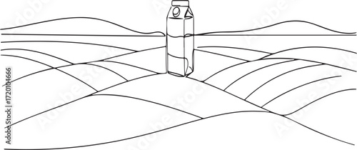 Minimalist design of a milk carton on rolling hills illustration