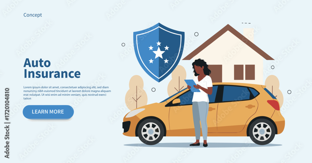 Naklejka premium Character Standing Near Car Covered with Umbrella – Auto Insurance Services, Vehicle Safety, Roadside Assistance, Car Protection and Security Concept – Flat Cartoon Vector Illustration