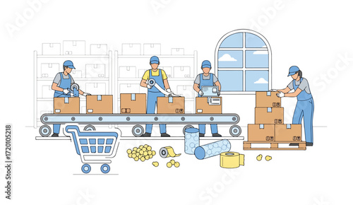 Warehouse workers efficiently package and prepare orders on a conveyor belt system for shipment.