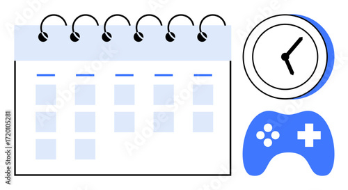 Spiral-bound calendar, analog clock, and game controller emphasize time management and work-life balance. Ideal for productivity, scheduling, gaming, time tracking, planning leisure focus. Simple