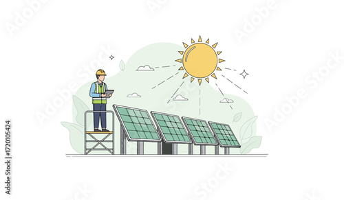 An engineer inspects solar panels, harnessing sunlight for renewable energy production.