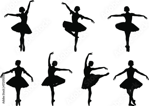 Ballerina silhouette illustration set, black and white vector icons, ballet poses, tutu, dance motion, elegance, performance, artistic design