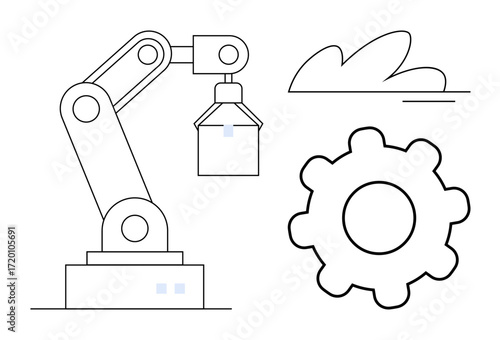 Robotic arm lifting object near gear and abstract shapes. Ideal for automation, industry, innovation, robotics, machinery, manufacturing, and engineering concepts. Simple flat metaphor