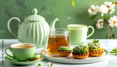 Pastel green tea party with desserts