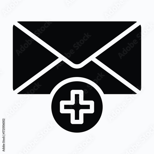 Email with Add Plus Symbol Isolated Vector Silhouette Style Icon,