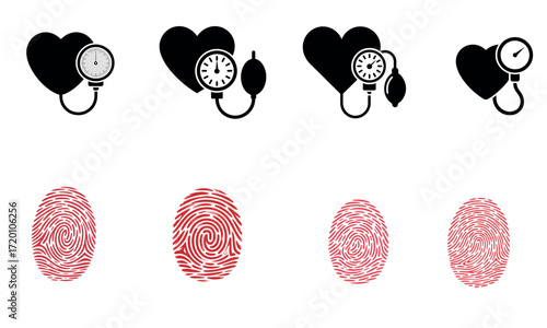 Medical symbols with heart blood pressure monitor and fingerprint identity icons 
