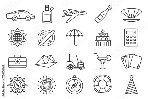 Vector icons for a summer travel vacation set, including holiday car, beach, and sun symbols