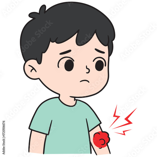 A worried boy looking at a red rash on his arm with pain radiating from it, illustrating discomfort and concern