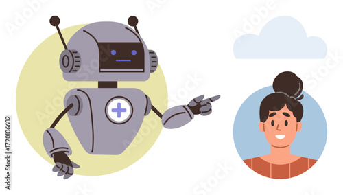Robot with medical cross sign pointing towards woman s profile in circular frame and cloud in the background. Ideal for AI, healthcare, innovation, technology, automation, support, simple flat