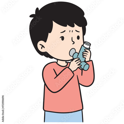 Young child struggling to breathe uses an inhaler to manage asthma symptoms with a worried expression, illustration