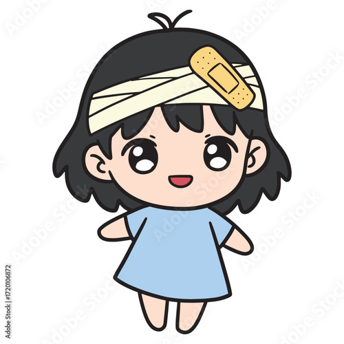 Cute injured cartoon character with a bandaged head and a hospital gown, conveying a sense of recovery and well-being