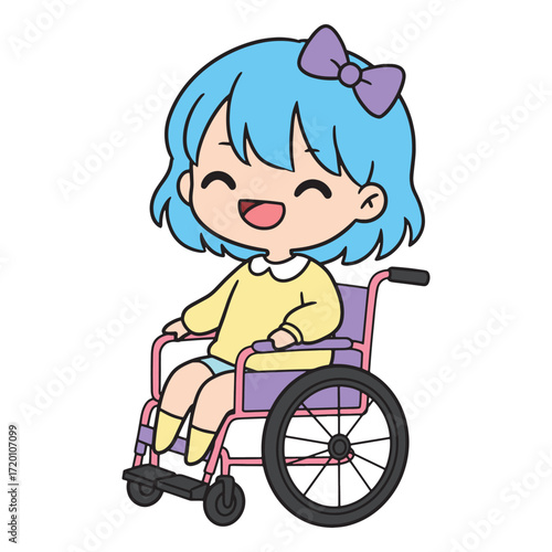 Happy young girl with blue hair sitting in a wheelchair with a purple cushion and pink frame, smiling with joy