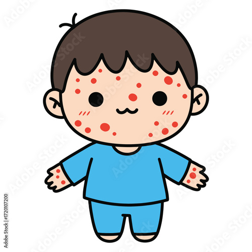 Cute cartoon illustration of a child with measles, showing red spots on their face and arms, representing childhood illness and health