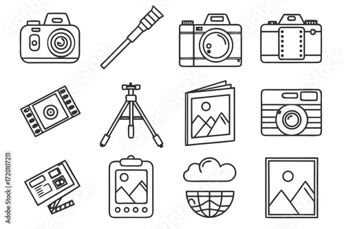 A vector set of black camera icons and symbols for internet photography and media design on a white background