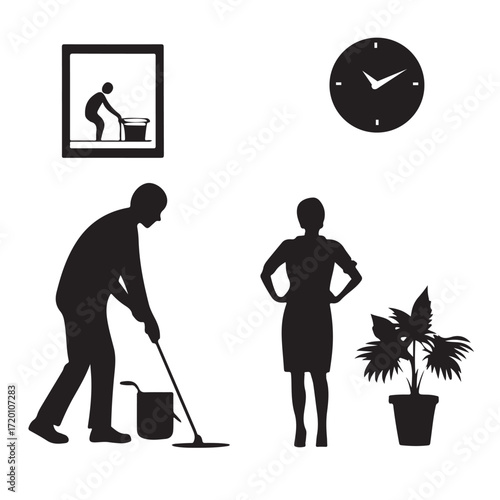 Silhouettes of people cleaning and a plant with a clock on the wall