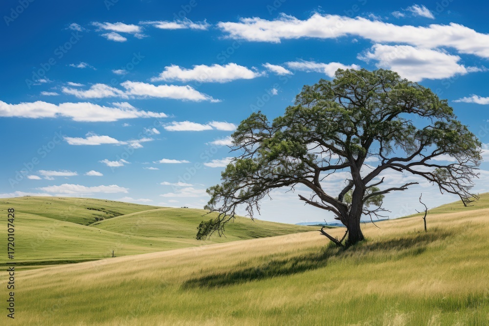 Obraz premium Majestic oak tree on rolling green hills under blue sky image