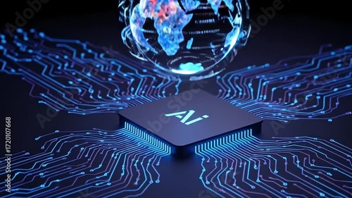 Animation of a powerful CPU with glowing circuits. A digital earth hologram appears, surrounded by futuristic data panels, graphs and user interfaces.